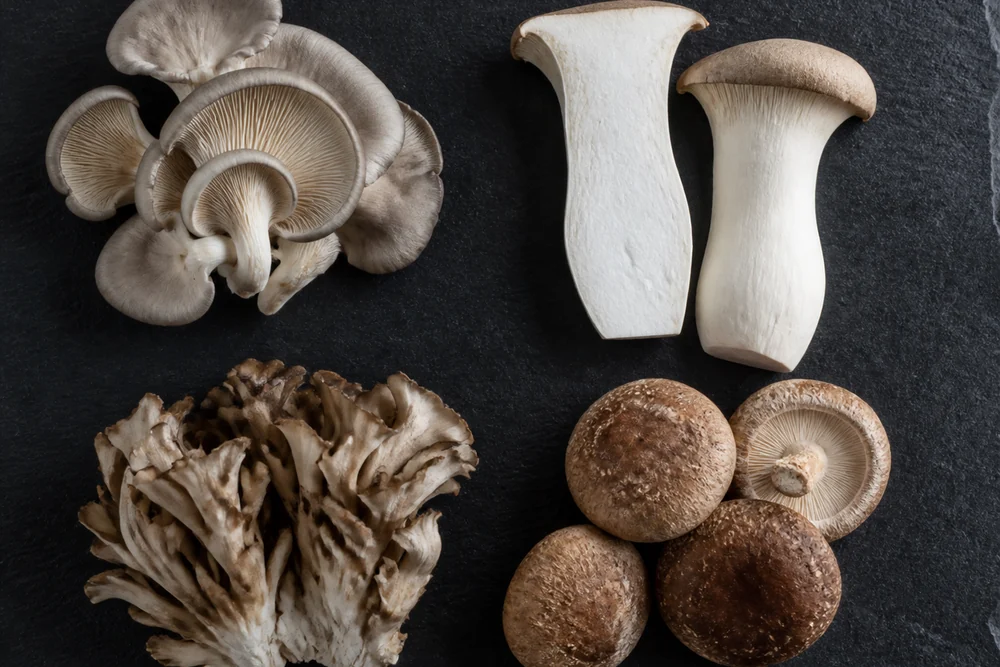 Four kinds of mushroom laid in separate groups on a dark slate board, gray oyster mushrooms, a sliced king oyster, a frilled maitake cluster and several brown shiitake caps