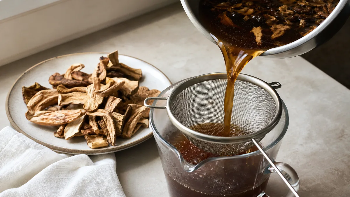 Dried porcini steeping into dark mushroom broth - shiitake substitute