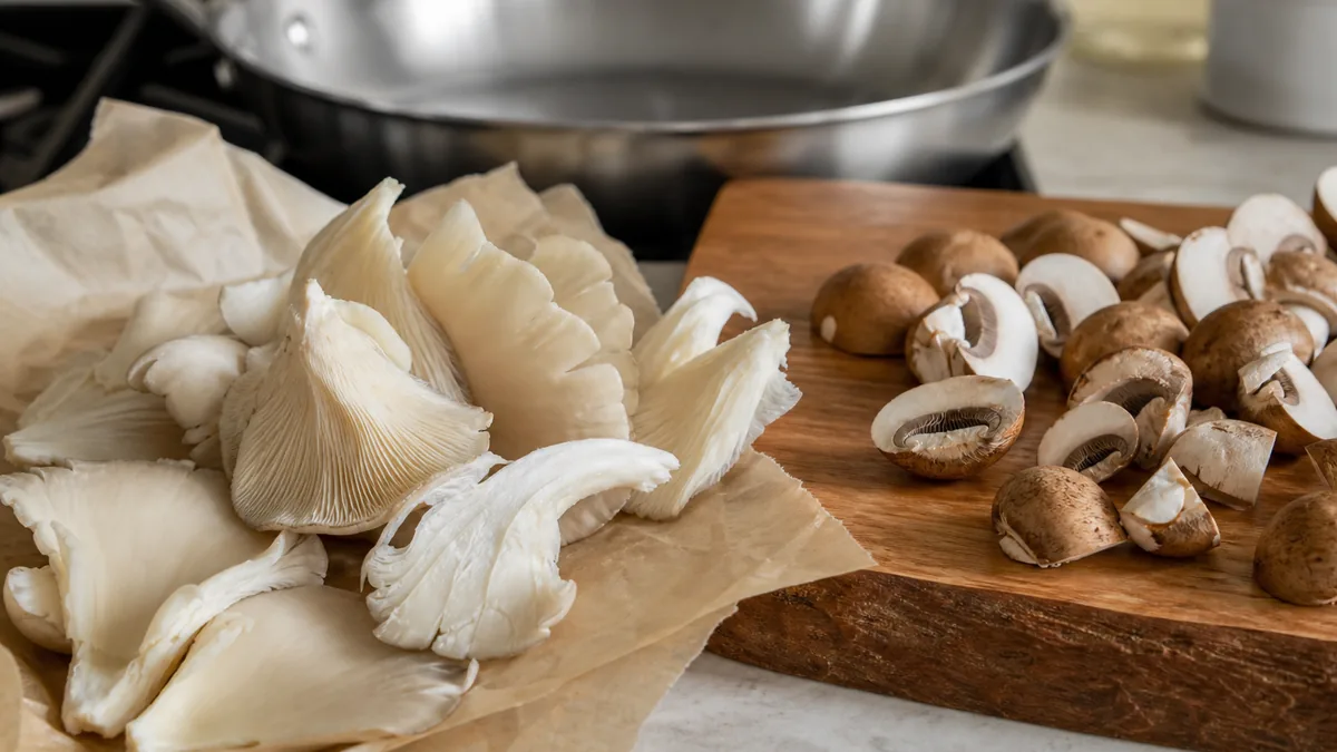 Oyster, cremini, and portobello mushrooms on a cutting board - shiitake substitute