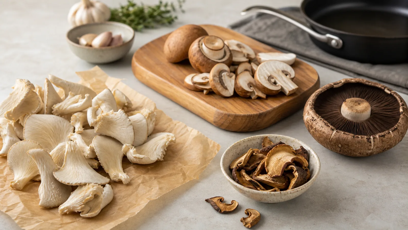 Fresh oyster mushrooms, cremini, and dried porcini arranged as shiitake substitutes - shiitake substitute | KnowTheSpore