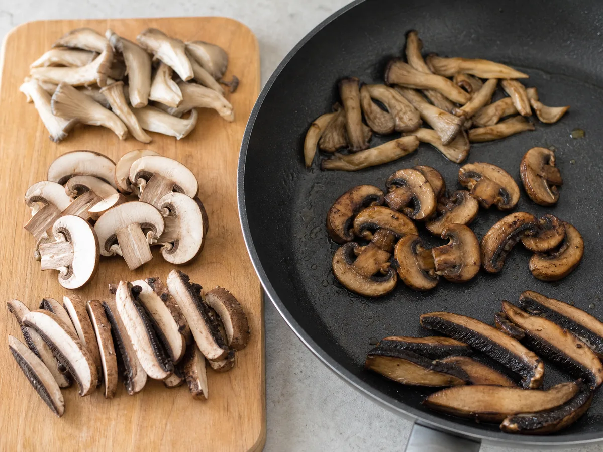 Oyster strips, cremini slices, and portobello strips compared before and after browning