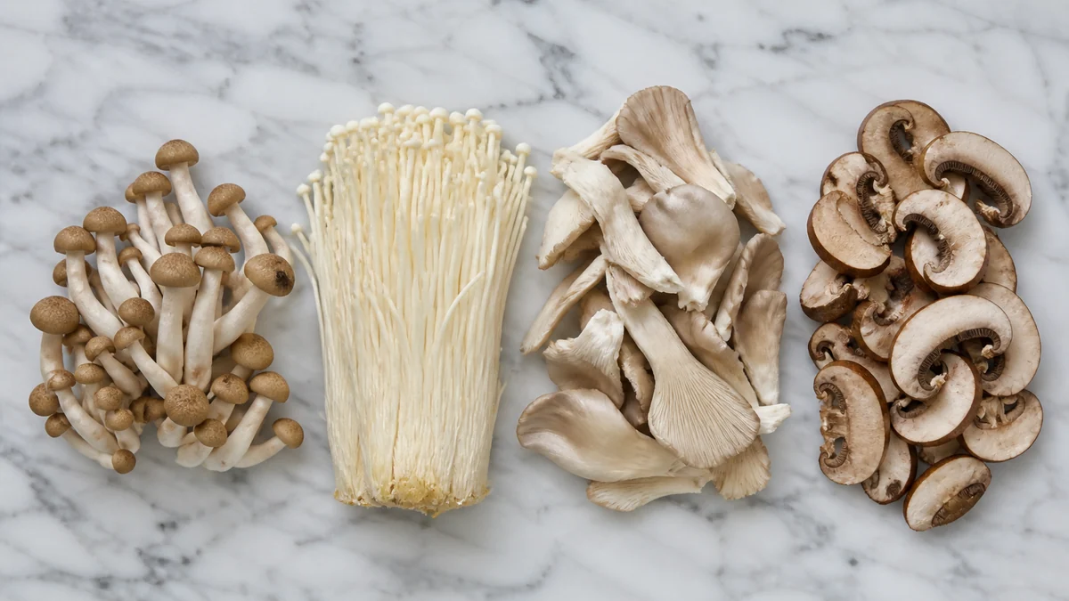 Shimeji, enoki, torn oyster mushrooms and sliced cremini laid out side by side on a counter