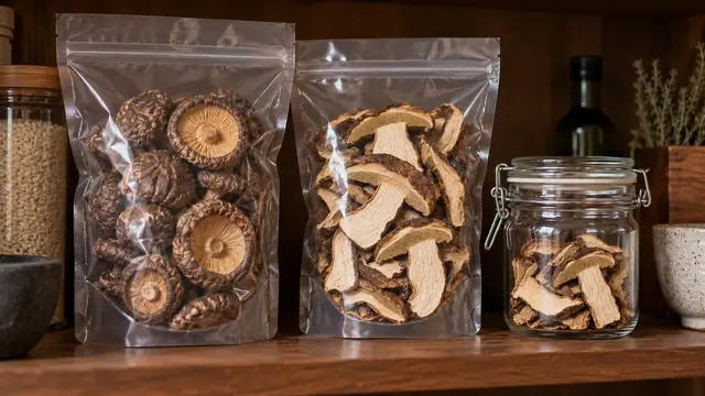 Sealed bags of dried mushroom caps and slices in a home pantry