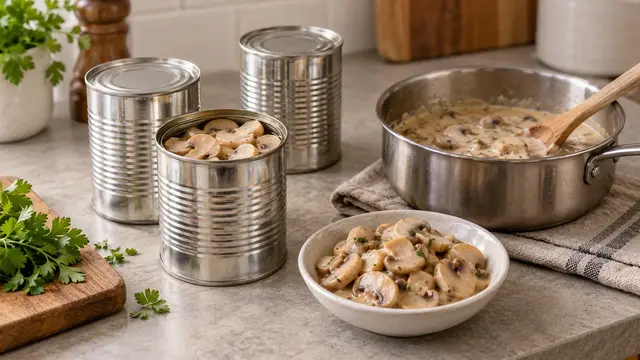 Intact plain cans and prepared mushroom pieces on a kitchen counter