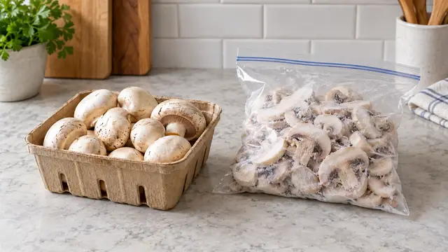 Fresh button mushrooms in a breathable punnet and lightly frosted individually frozen mushroom slices in a plain freezer bag.