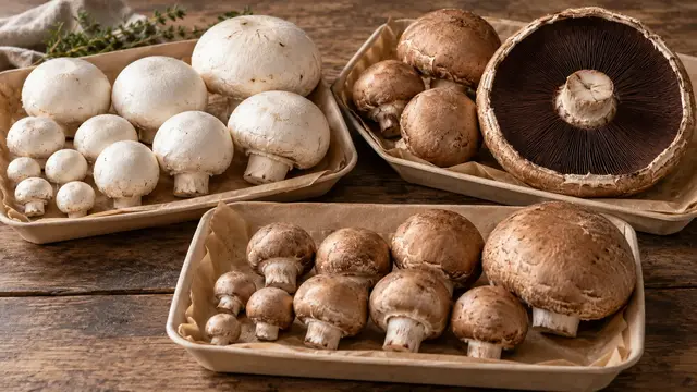 White buttons, brown buttons and open Portabella mushrooms in several sizes