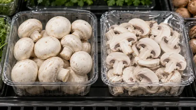 Whole cultivated white button mushrooms in one plain punnet and even fresh slices in another sealed breathable pack.