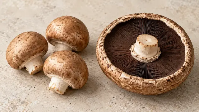 Young brown cremini and a broad mature portobello cap