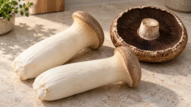 Two thick-stemmed cultivated king oysters and one broad portobello cap