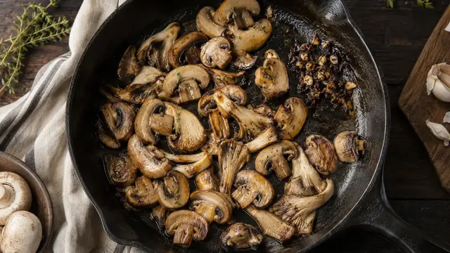 Browned mushrooms beside a small patch of blackened garlic and scorched pan residue