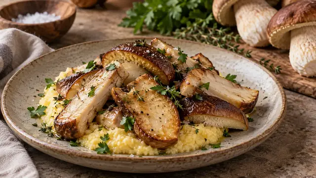 Browned porcini slices served on soft polenta with fresh herbs