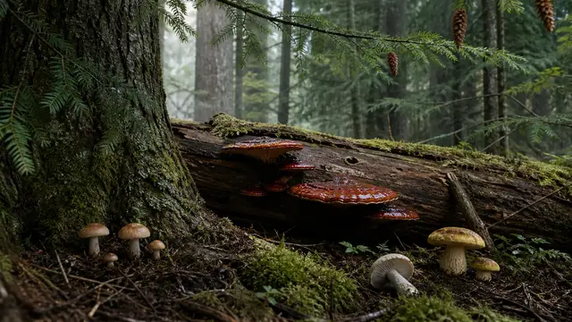 Mushrooms That Grow on Hemlock: Varnish Shelf, Root Partners