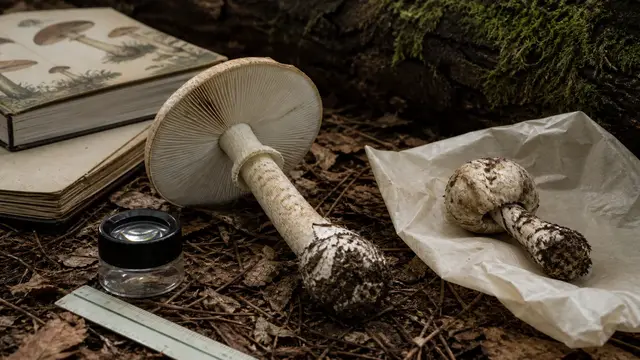 Mushroom identification study with intact specimen, separated field notes, hand lens, ruler, and regional guide