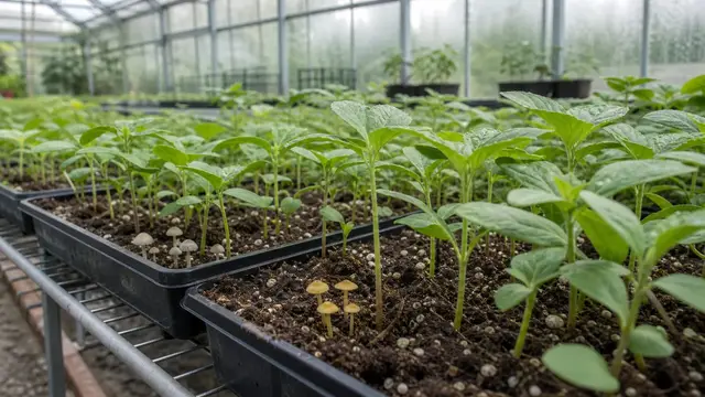 Small mushrooms fruiting among greenhouse seedling trays