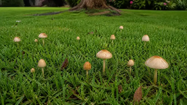 Scattered lawn mushrooms emerging through wet grass after rain