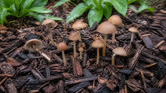 Small brown mushrooms emerging through damp shredded bark mulch
