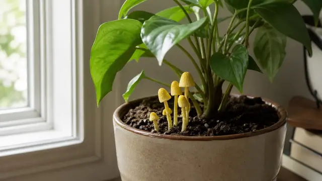 Small yellow mushrooms emerging from the soil of an indoor potted plant