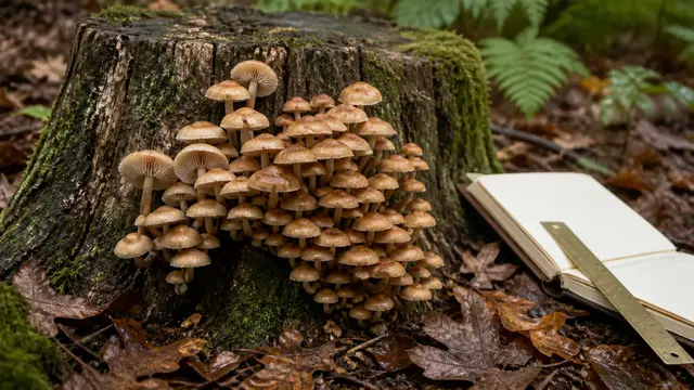 Clustered mushrooms documented on a decaying hardwood stump