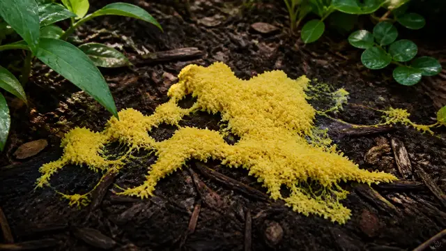 Yellow surface cushion resting across damp dark wood mulch