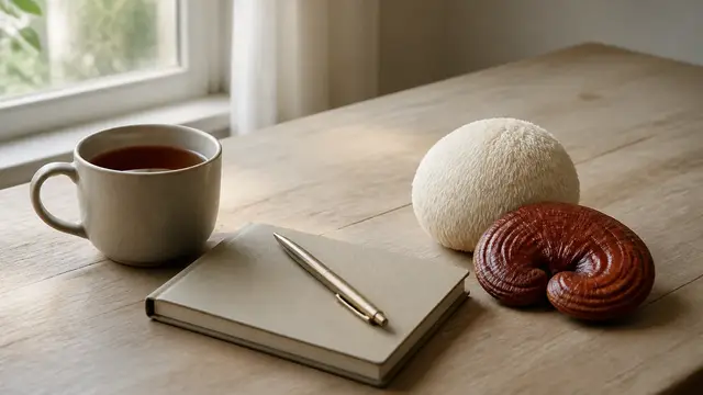 Mug of tea and a closed notebook beside a whole lion's mane and a reishi conk on a wooden table