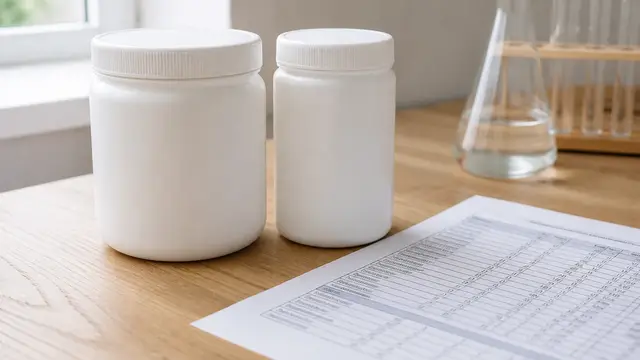 Plain supplement jars beside a printed laboratory analysis report on a light desk