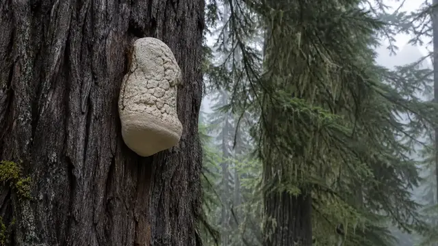 Large chalky agarikon conk with a cracked pale surface high on an old conifer