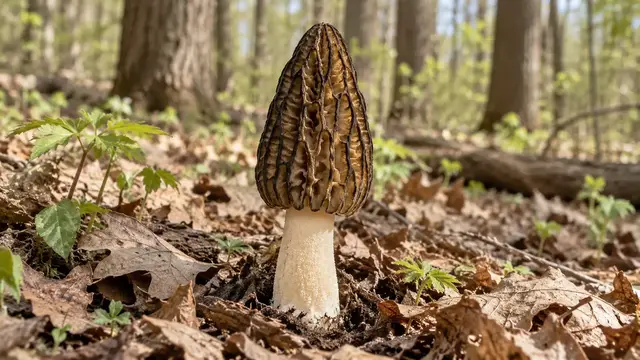 Illustrated eastern black morel with dark vertical ridges and a pale stem in hardwood leaf litter