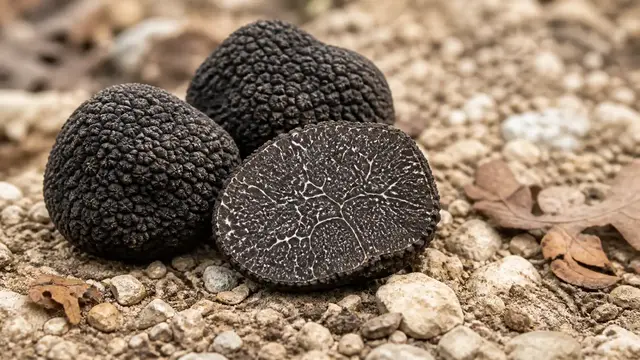 Cut Périgord black truffle with black polygonal warts and fine white veins