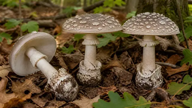 Booted amanita with pale patched cap free white gills ring and collared bulb