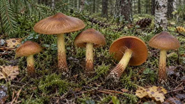 Small cinnamon webcaps with brown caps, orange gills and yellowish stems in moss