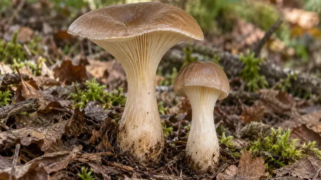 Two club foot mushrooms showing pale decurrent gills and swollen lower stems in woodland litter