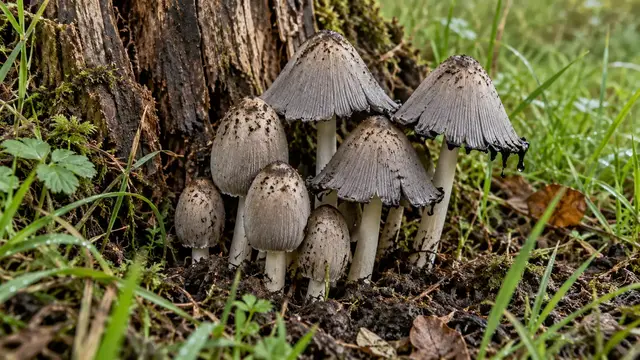 Illustrated cluster of gray common inkcaps in different growth stages beside a decaying stump