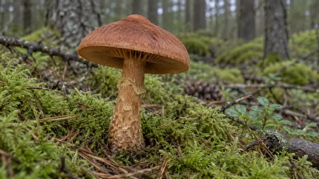 Illustration of a reddish-brown deadly webcap with a dry cap and yellowish veil patches in mossy woodland