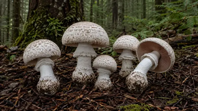 Felt-ringed agaricus mushrooms in western conifer woodland