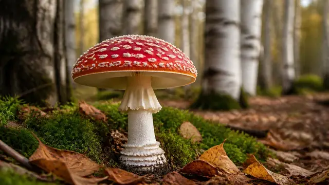 A bright red fly agaric mushroom covered in white cottony warts with a white ring and a banded swollen base