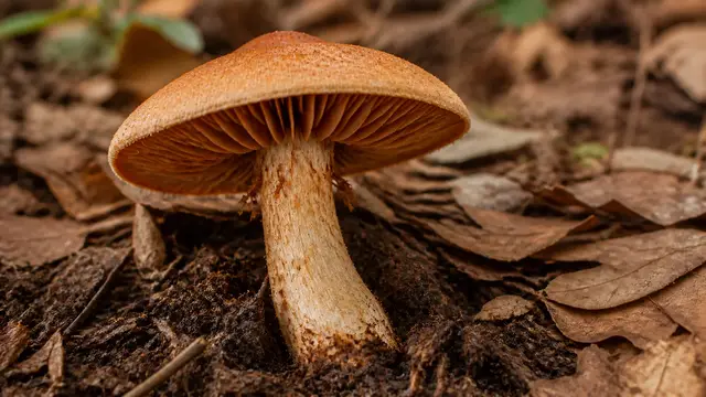Fool's webcap with a dry tawny cap, rusty gills and a pale fibrous stem