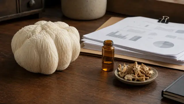Fresh white lion's mane mushroom beside an unbranded supplement bottle and a small dish of powder