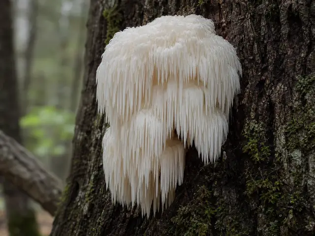 A white, shaggy Lion's Mane mushroom with cascading spines on a tree trunk