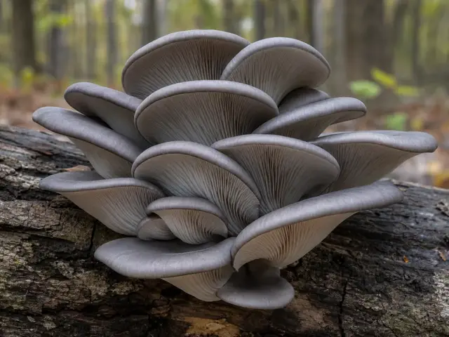Overlapping gray oyster mushrooms growing on a hardwood log