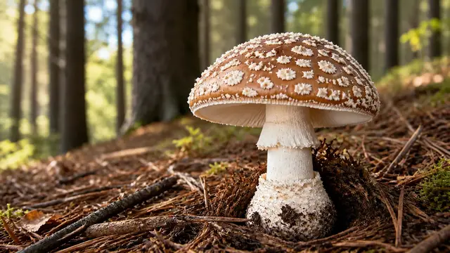 A brown panther cap mushroom scattered with white cottony warts, showing white gills and a collared bulb at the stem base