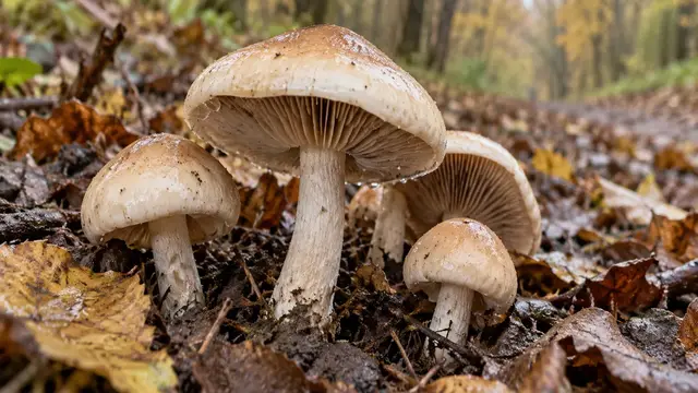 Pale poison pie mushrooms with sticky caps and clay-brown gills in autumn woodland litter