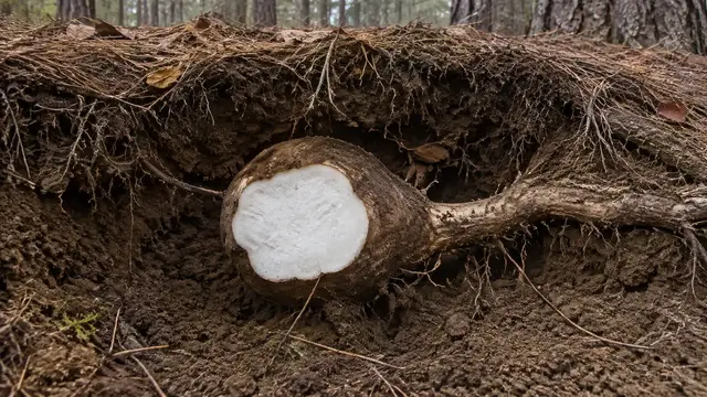 Whole poria sclerotium cut open to show its thin brown rind and dense white interior