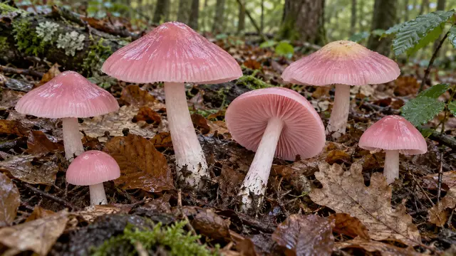 Robust rosy bonnet mushrooms with broad pink caps and pale stems in beech leaf litter