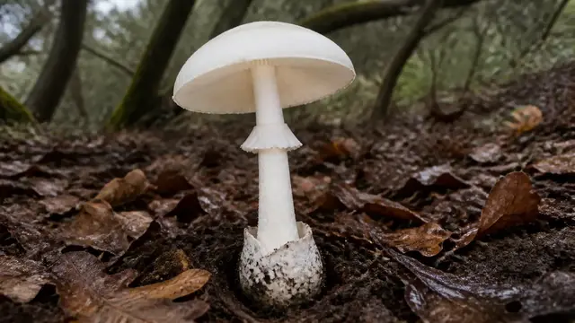 Western destroying angel with a white cap, free gills, fragile ring, and membranous volva in oak leaf litter
