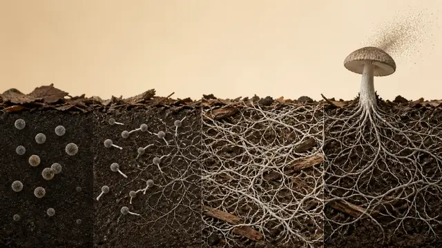 Mushroom life cycle from spores and branching hyphae to underground mycelium and fruiting