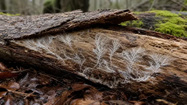Pale branching fungal growth beneath dark bark on a decaying hardwood log